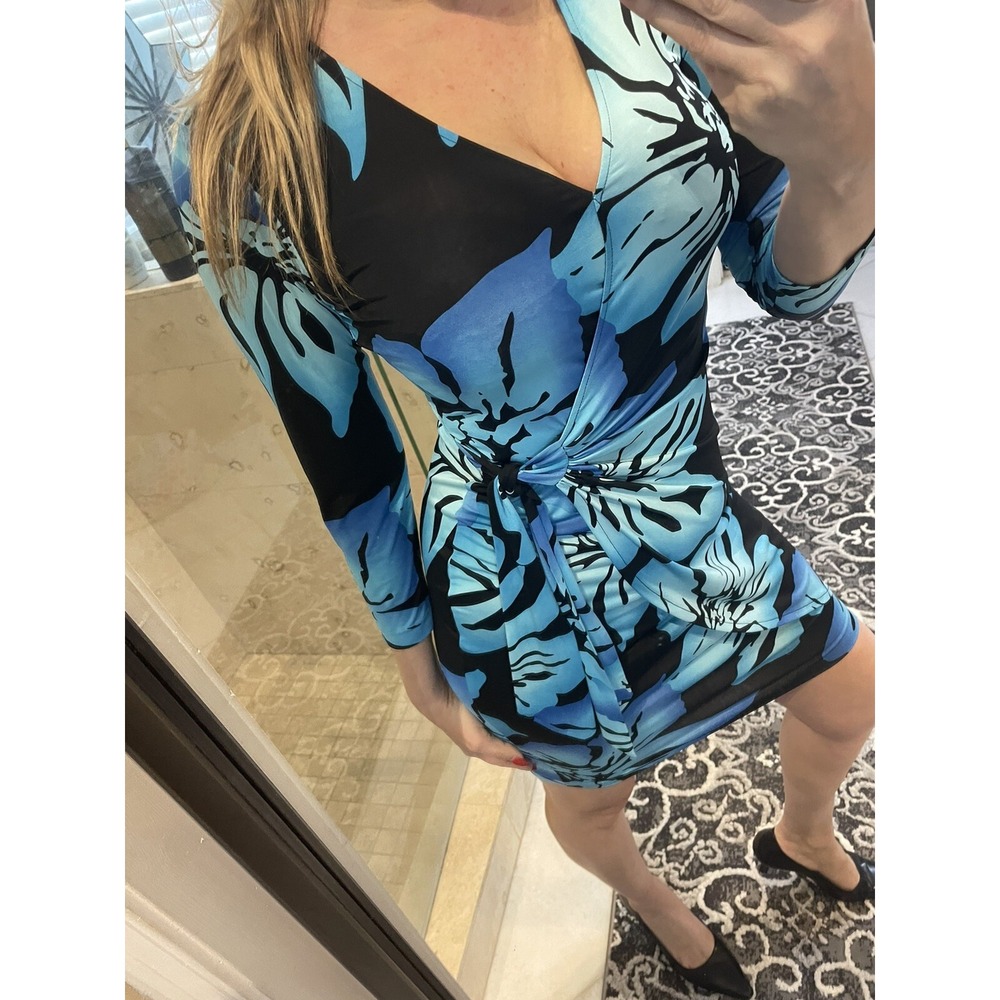 Cache Stretch Knit Tropical Floral Dress Blue Black Faux Wrap Bodycon Small